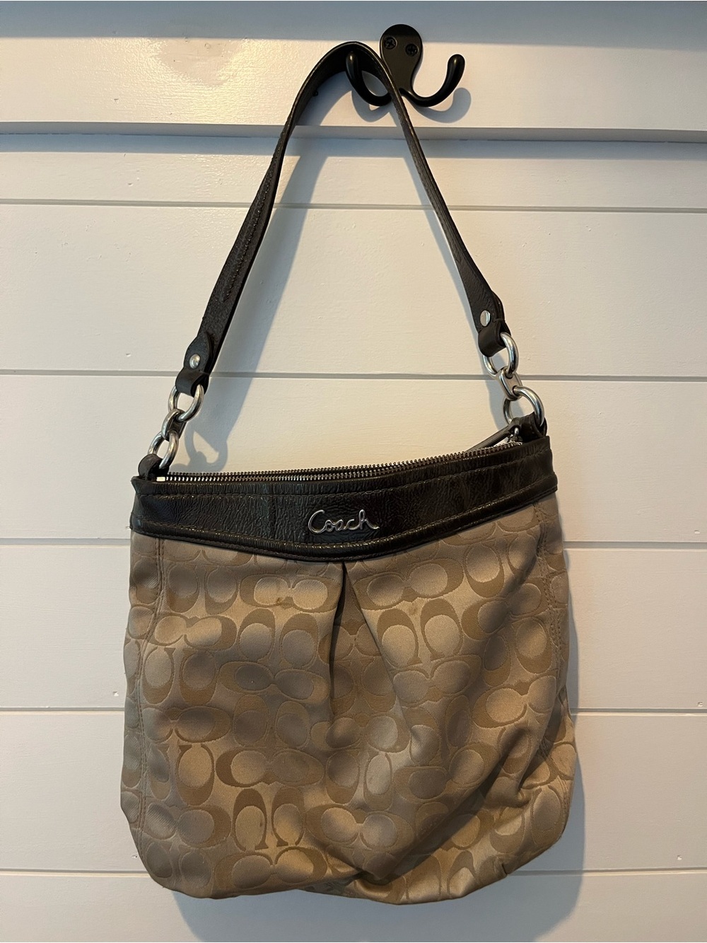 Coach Khaki Signature Canvas Shoulder Bag with Black Trim